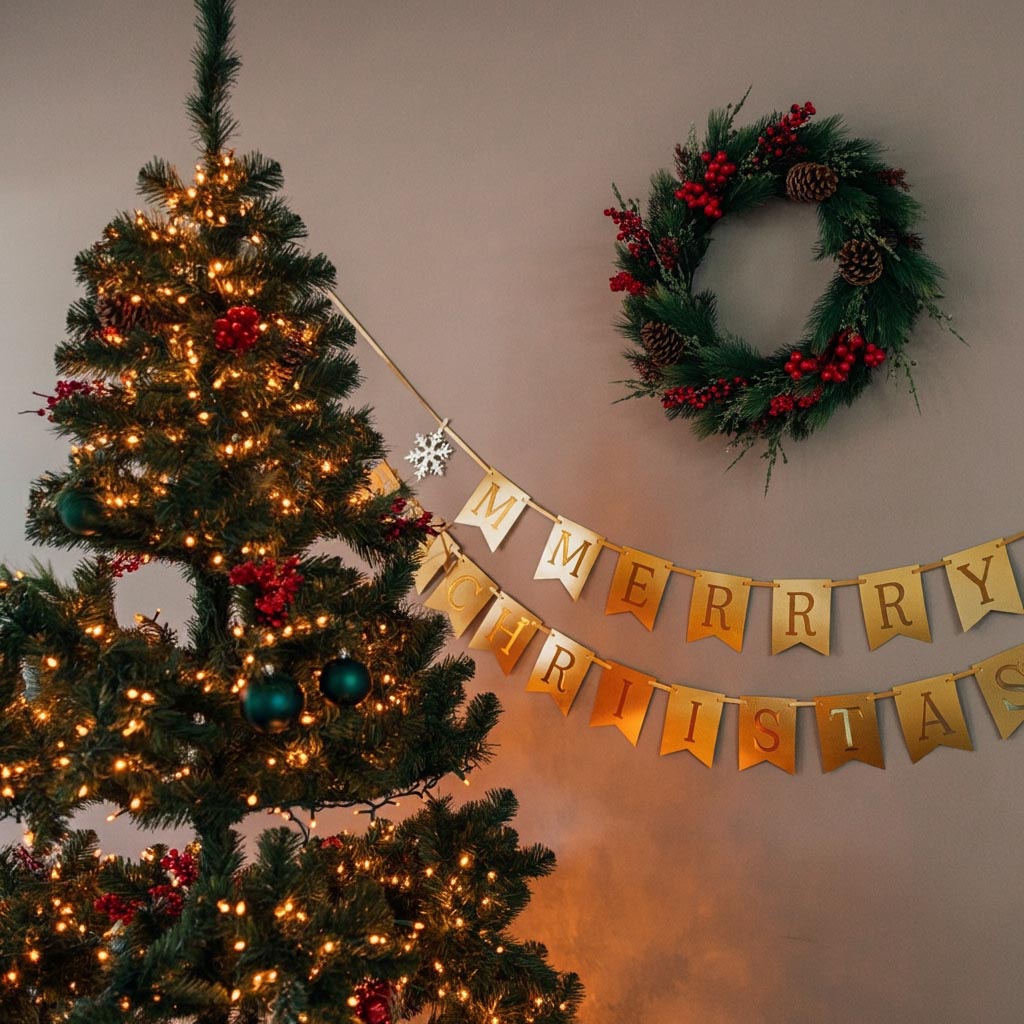 Trang trí noel văn phòng tại tường với decal chữ Merry Christmas