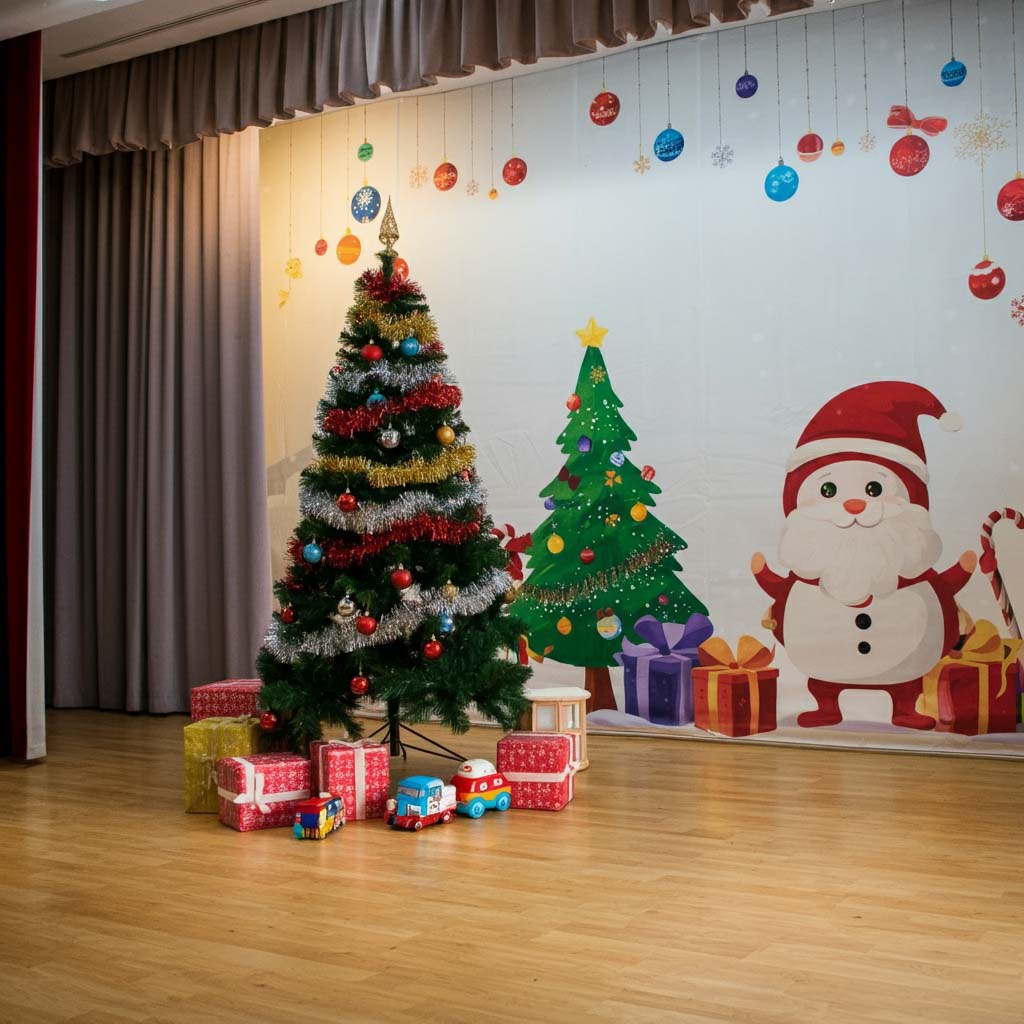 Trang trí Noel sân khấu trường mầm non với backdrop, cây thông