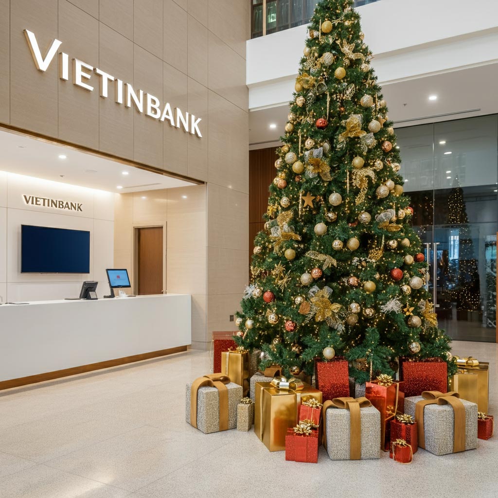 Trang trí Noel ngân hàng sảnh ngân hàng với cây thông, hộp quà tại vietinbank