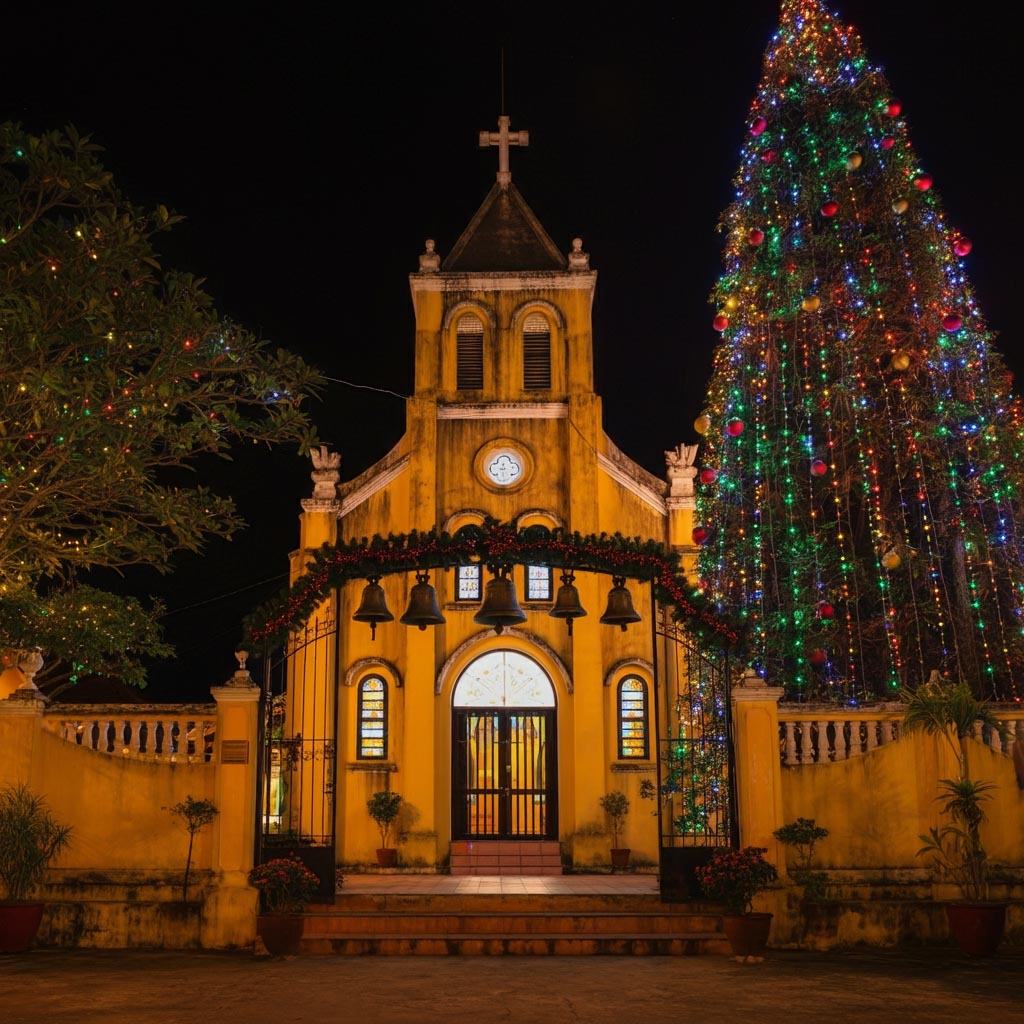 Trang trí giáng sinh nhà thờ ngoài trời với chuông Noel