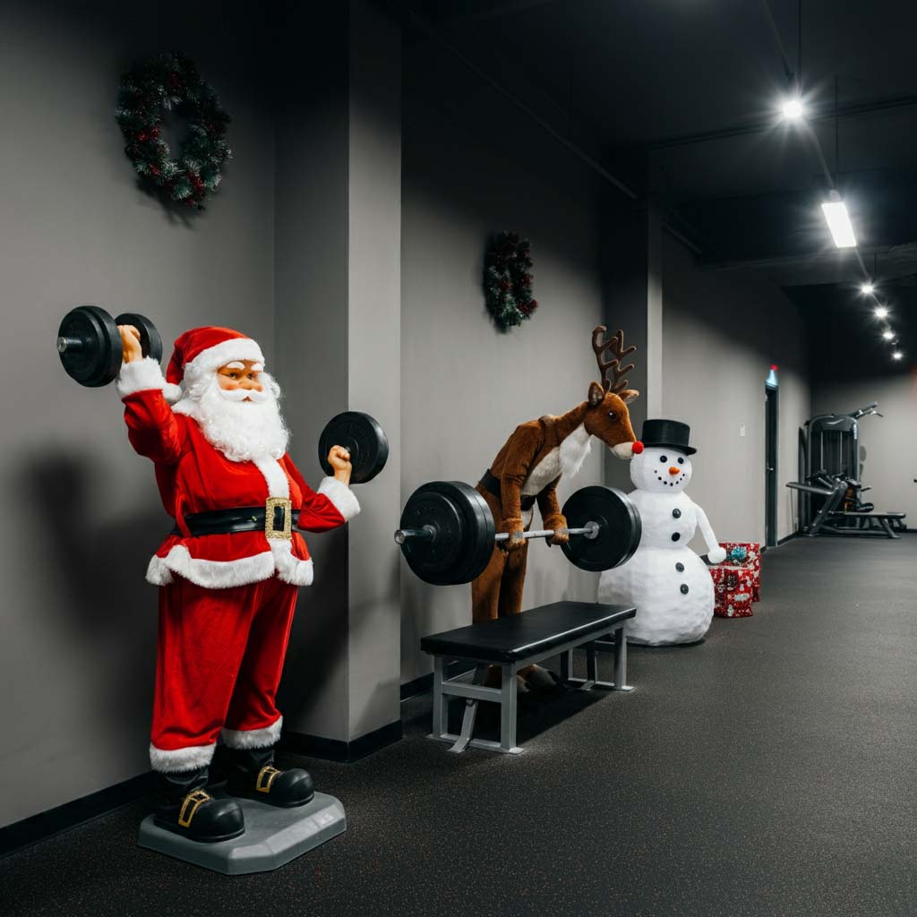 Trang trí Noel phòng gym với mô hình ông già noel nâng tạ