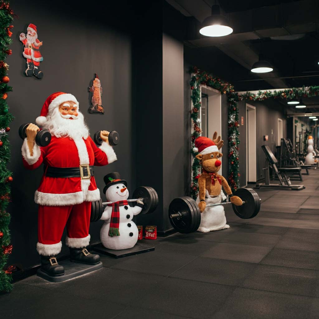 Trang trí Noel phòng gym với mô hình người tuyết nâng tạ