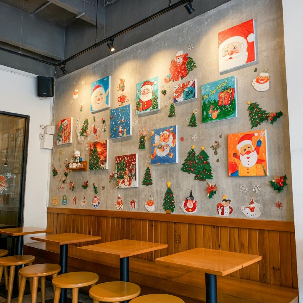 Trang trí Noel tường quán cafe với tranh noel, decal