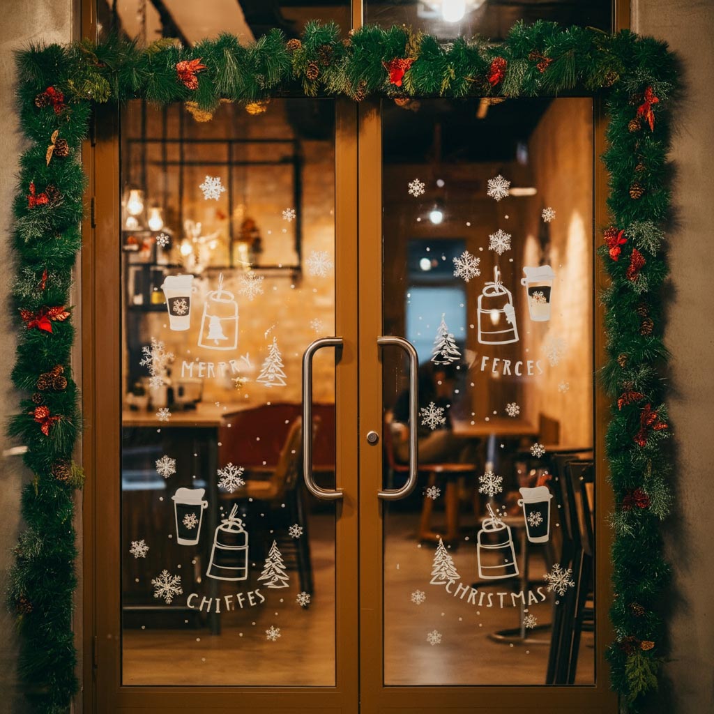 Trang trí Noel cửa kính quán cafe với decal