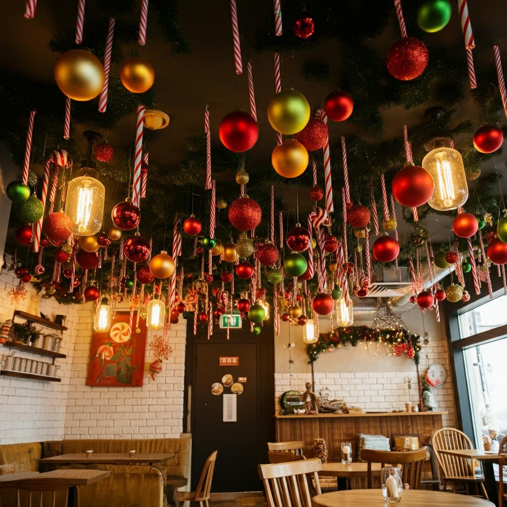 Trang trí Noel trần quán cafe với quả châu