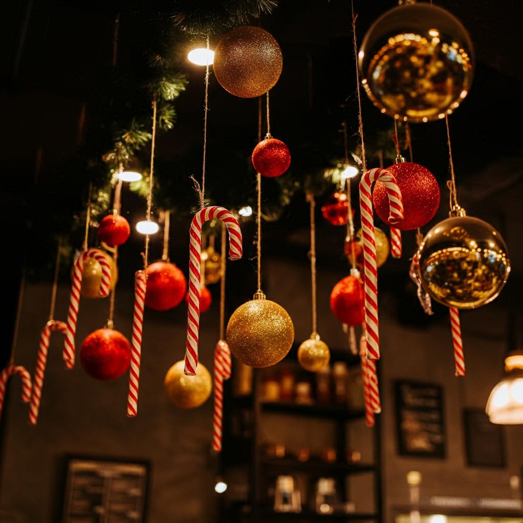 Trang trí Noel trần quán cafe với  kẹo noel