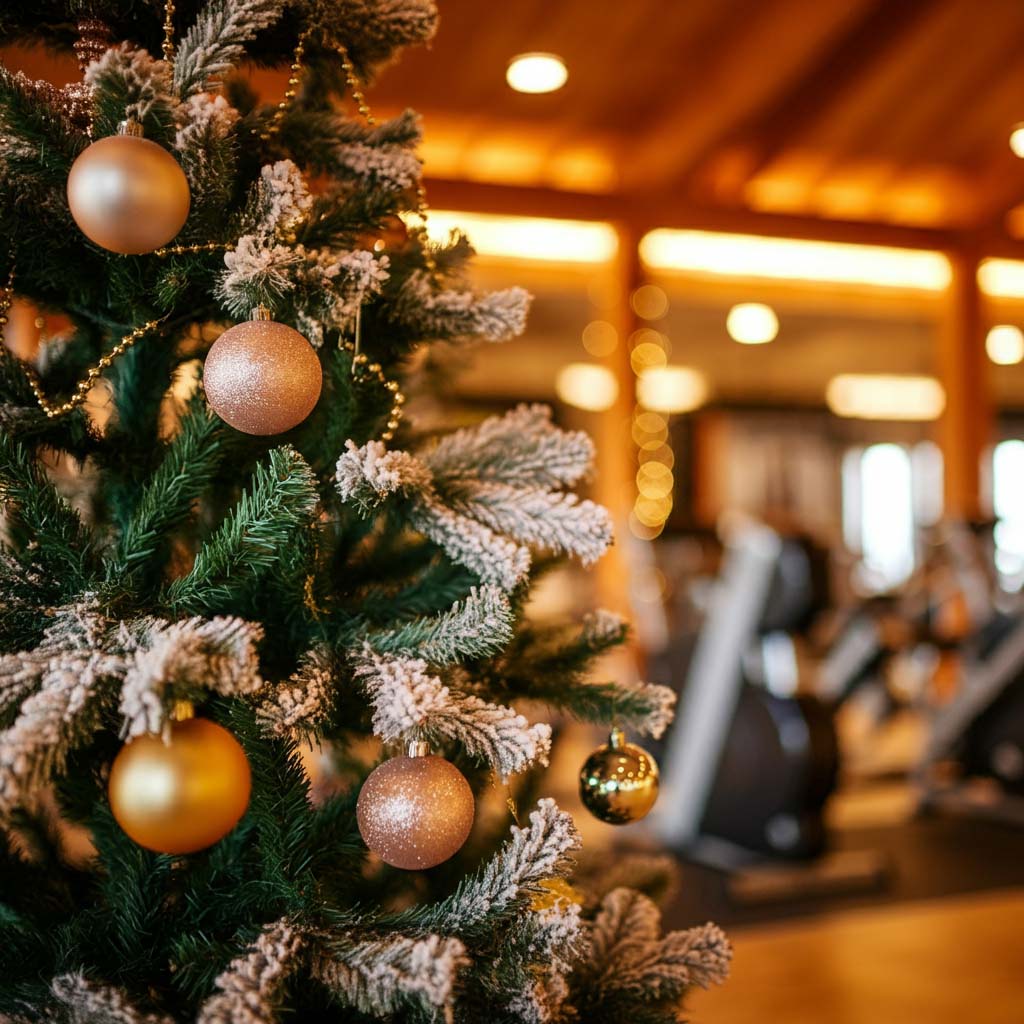 Trang trí Noel phòng gym khu nghỉ dưỡng với cây thông, tuyết giả