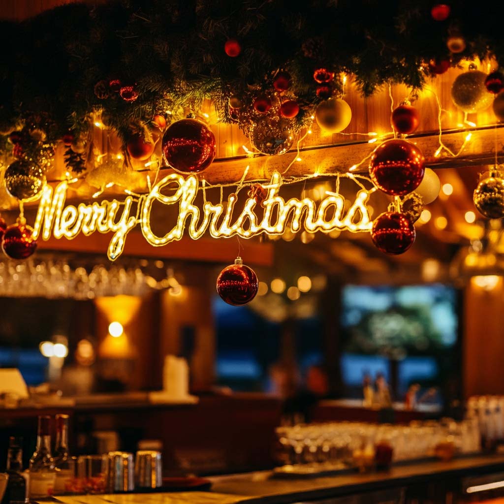 Trang trí Noel quầy bar khu nghỉ dưỡng đèn Led, chữ Merry Christmas