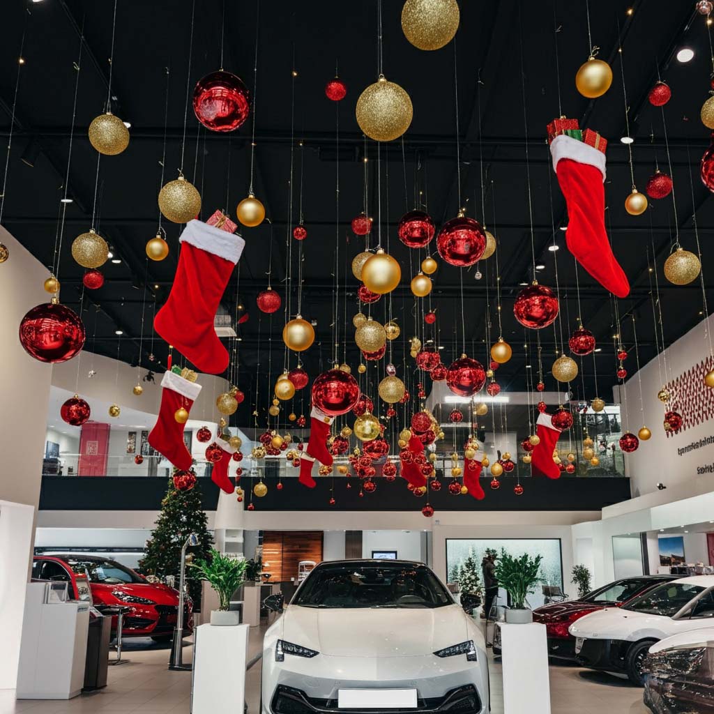 Trang trí Noel trần showroom ô tô với quả châu