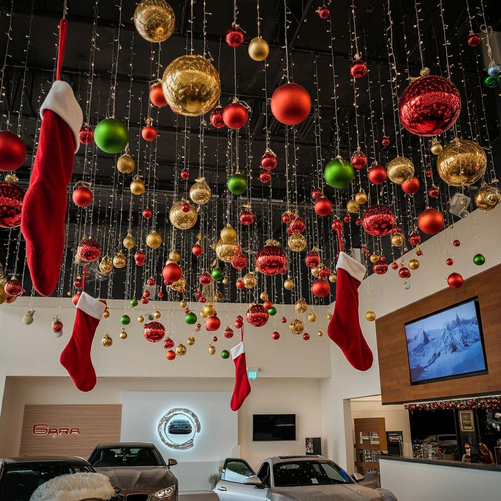 Trang trí Noel trần showroom ô tô với tất noel