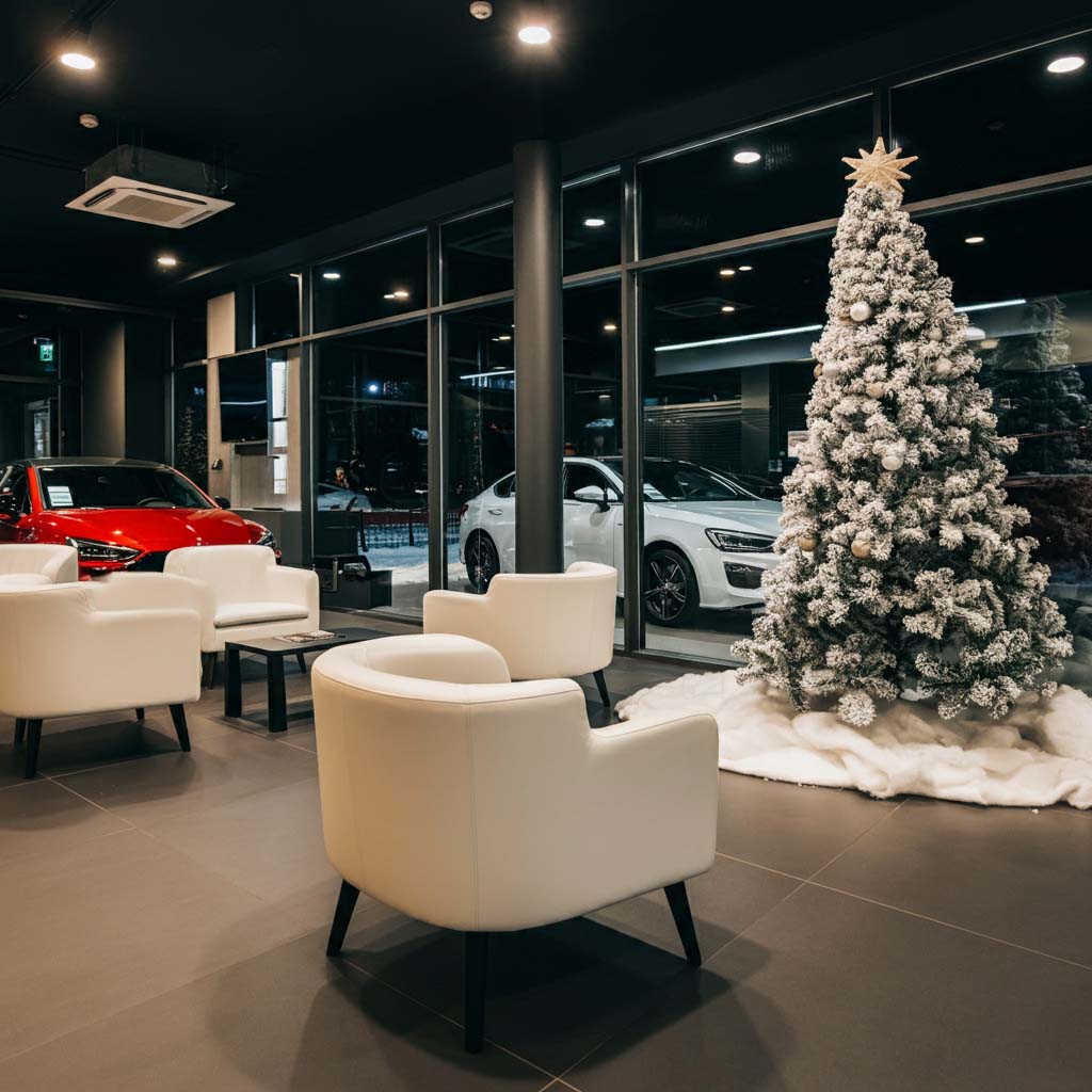 Trang trí Noel phòng chờ showroom ô tô với cây thông