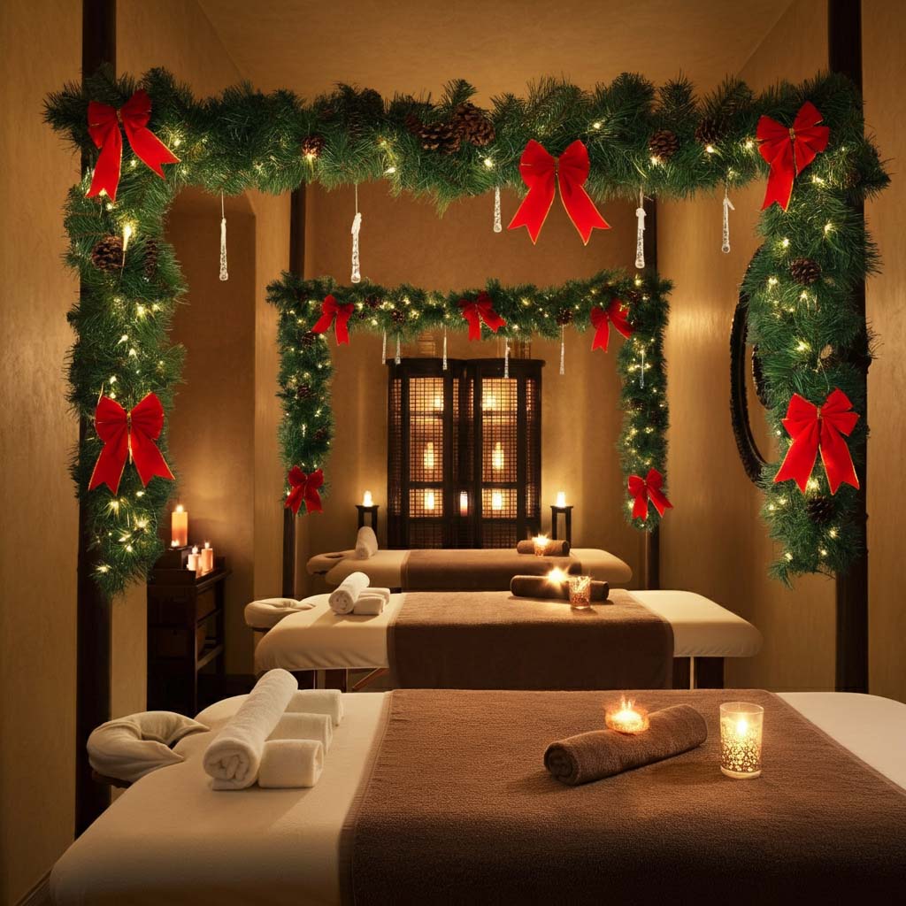 Trang trí Noel tiệm spa với dây thông 