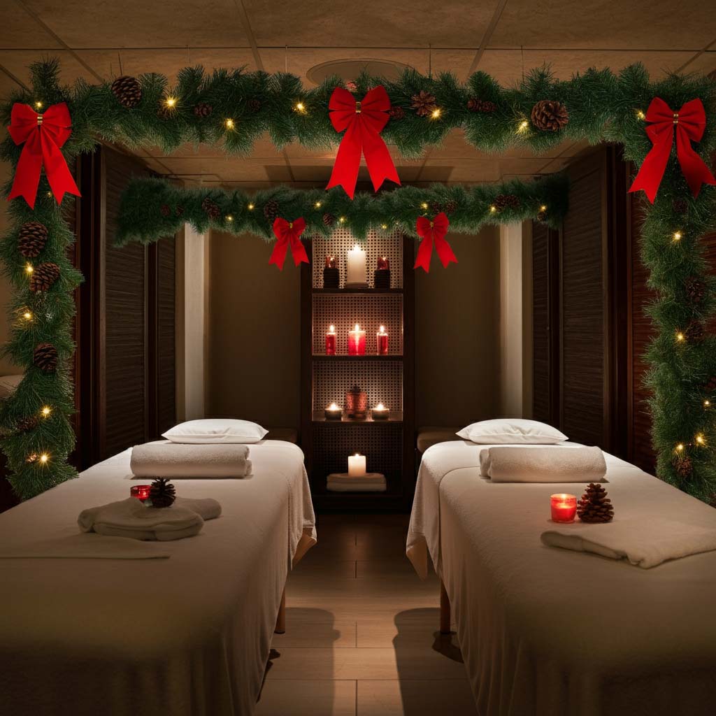 Trang trí Noel tiệm spa với dây thông 1